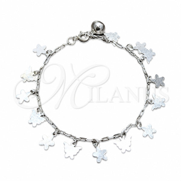 Sterling Silver Charm Bracelet, Butterfly and Flower Design, Polished, Silver Finish, 03.409.0184.07 (03 MM Thickness, 7 Inches Length)