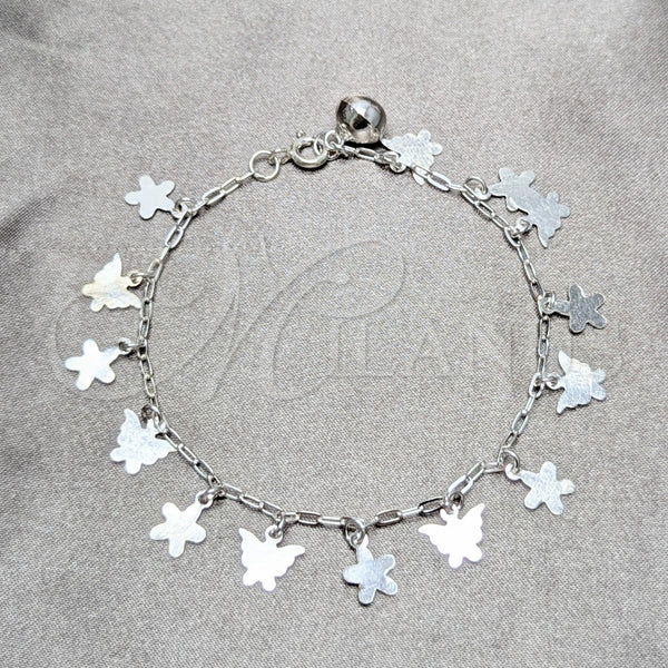 Sterling Silver Charm Bracelet, Butterfly and Flower Design, Polished, Silver Finish, 03.409.0184.07 (03 MM Thickness, 7 Inches Length)
