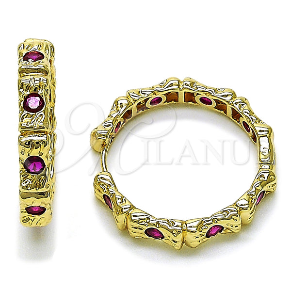 Gold Filled Hoop Earrings — Huggie Hoop with Ruby Cubic Zirconia Polished 02. — main product view — SKU 158267 | Oro Laminado aretes de aro — Huggie Hoop with Ruby Cubic Zirconia pulido 02. — SKU 158267