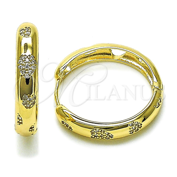Gold Filled Hoop Earrings — Huggie Hoop Heart Design with White Micro Pave — main product view — SKU 158268 | Oro Laminado aretes de aro — Huggie Hoop corazón diseño with blanco Micro Pave — SKU 158268