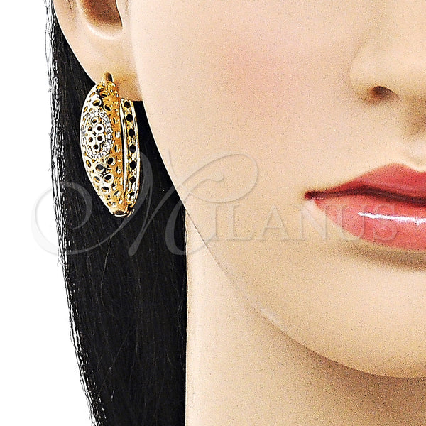 Gold Filled Hoop Earrings — Huggie Hoop Filigree Design with White Micro Pave — alternate product view — SKU 158274 | Oro Laminado aretes de aro — Huggie Hoop Filigree diseño with blanco Micro Pave — SKU 158274