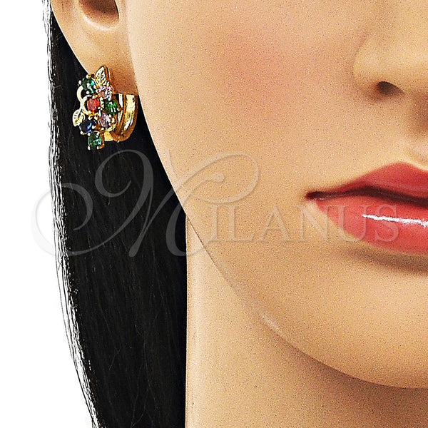 Gold Filled Hoop Earrings — Huggie Hoop Grape and Leaf Design with Multicolor — alternate product view — SKU 158275 | Oro Laminado aretes de aro — Huggie Hoop Grape and Leaf diseño with Multicolor — SKU 158275
