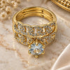 Oro Laminado Wedding Ring, Gold Filled Style Cluster and Miami Cuban Design, with White Cubic Zirconia and White Micro Pave, Polished, Golden Finish, 01.284.0094 (One size fits all)