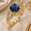 Oro Laminado Multi Stone Ring, Gold Filled Style Cluster and Sun Design, with Sapphire Blue and White Cubic Zirconia, Polished, Golden Finish, 01.284.0102.3 (One size fits all)