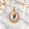 Oro Laminado Religious Pendant, Gold Filled Style San Judas Design, with White Cubic Zirconia, Pink Enamel Finish, Two Tone, 05.284.0017.1
