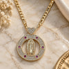 Oro Laminado Pendant Necklace, Gold Filled Style Guadalupe and Heart Design, with Ruby Cubic Zirconia and White Micro Pave, Polished, Golden Finish, 04.253.0025.20 (03 MM Thickness, 20 Inches Length)