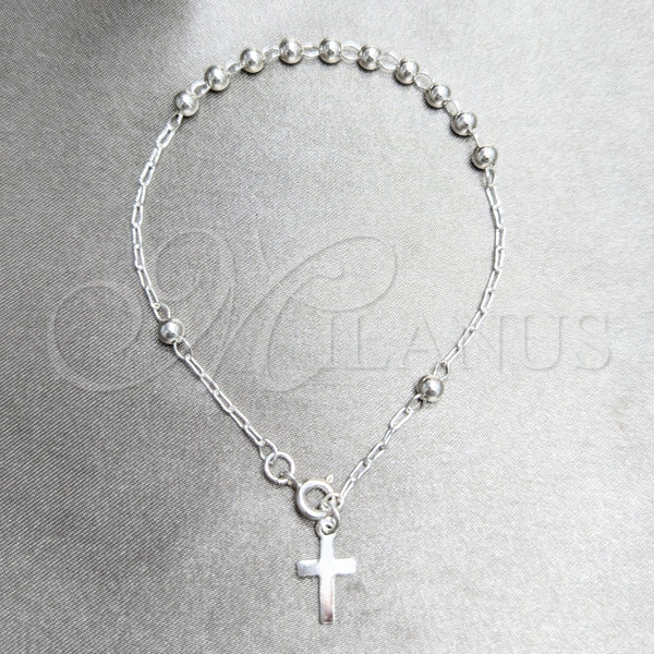 Sterling Silver Bracelet — Bracelet Rosary Ball and Cross Design Polished 09. — main product view — SKU 158420 | Plata 925 brazalete — Bracelet Rosary Ball and cruz diseño pulido 09. — SKU 158420
