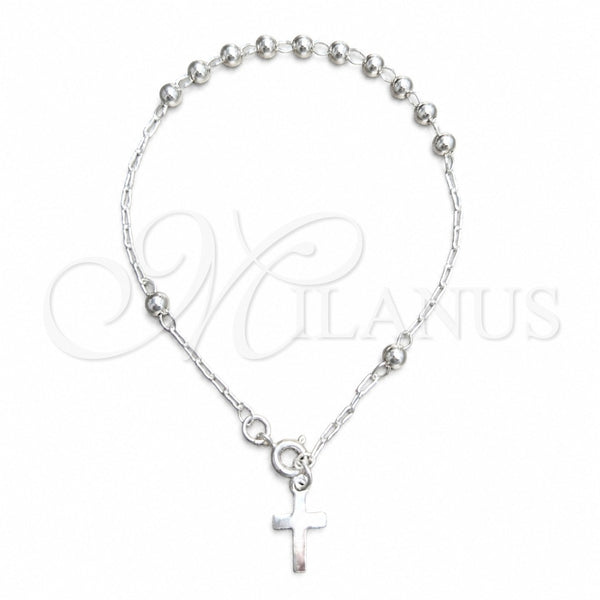 Sterling Silver Bracelet Rosary, Ball and Cross Design, Polished, Silver Finish, 09.392.0003.07