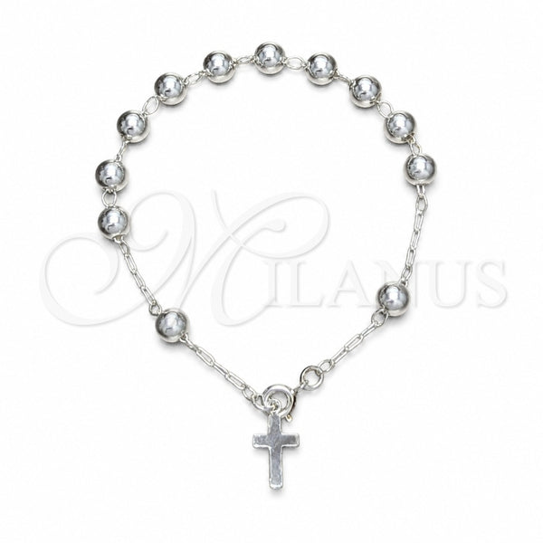 Sterling Silver Bracelet Rosary, Cross and Ball Design, Polished, Silver Finish, 09.392.0006.07