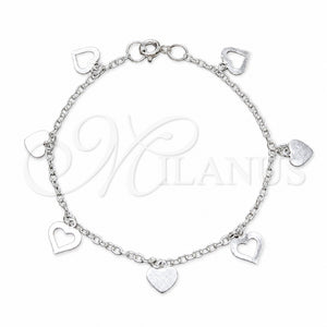 Sterling Silver Charm Bracelet, Heart Design, Polished, Silver Finish, 03.409.0172.07 (03 MM Thickness, 7 Inches Length)