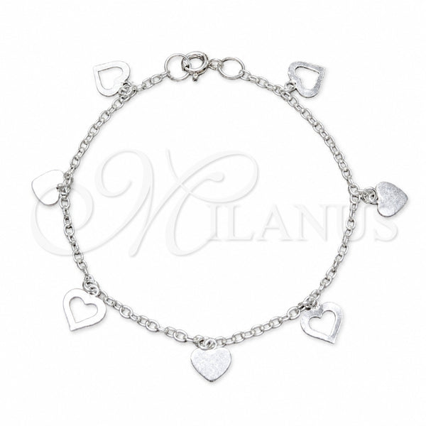 Sterling Silver Charm Bracelet, Heart Design, Polished, Silver Finish, 03.409.0172.07 (03 MM Thickness, 7 Inches Length)