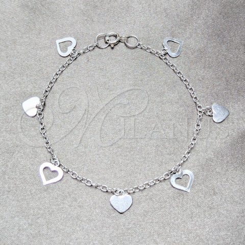 Sterling Silver Charm Bracelet, Heart Design, Polished, Silver Finish, 03.409.0172.07 (03 MM Thickness, 7 Inches Length)