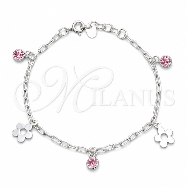 Sterling Silver Bracelet — Charm Bracelet Flower Design with Pink Cubic Zirconia — main product view — SKU 158511 | Plata 925 brazalete — Charm Bracelet flor diseño with Pink Cubic Zirconia — SKU 158511