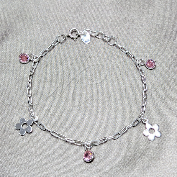 Sterling Silver Bracelet — Charm Bracelet Flower Design with Pink Cubic Zirconia — main product view — SKU 158511 | Plata 925 brazalete — Charm Bracelet flor diseño with Pink Cubic Zirconia — SKU 158511