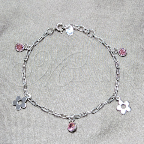 Sterling Silver Charm Bracelet, Flower Design, with Pink Cubic Zirconia, Polished, Silver Finish, 03.409.0174.07 (04 MM Thickness, 7 Inches Length)