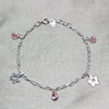 Sterling Silver Charm Bracelet, Flower Design, with Pink Cubic Zirconia, Polished, Silver Finish, 03.409.0174.07 (04 MM Thickness, 7 Inches Length)