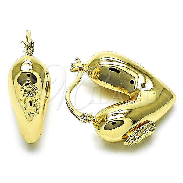 Gold Filled Hoop Earrings — Medium Hoop Guadalupe and Heart Design Polished 02. — main product view — SKU 158528 | Oro Laminado aretes de aro — Medium Hoop Guadalupe and corazón diseño pulido 02. — SKU 158528