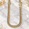 Oro Laminado Fancy Necklace, Gold Filled Style Miami Cuban and Santa Muerte Design, with White Crystal, Polished, Tricolor, 04.253.0028.24 (12 MM Thickness, 24 Inches Length)