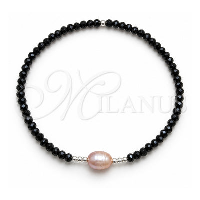 Sterling Silver Fancy Bracelet, Ball Design, with Rose Water Opal Pearl and Black Crystal, Blue Polished, Silver Finish, 03.426.0020.07 (07 MM Thickness, 7 Inches Length)