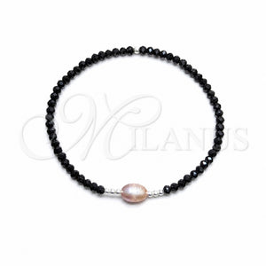Sterling Silver Fancy Bracelet, Ball Design, with Rose Water Opal Pearl and Black Crystal, Blue Polished, Silver Finish, 03.426.0020.07 (07 MM Thickness, 7 Inches Length)