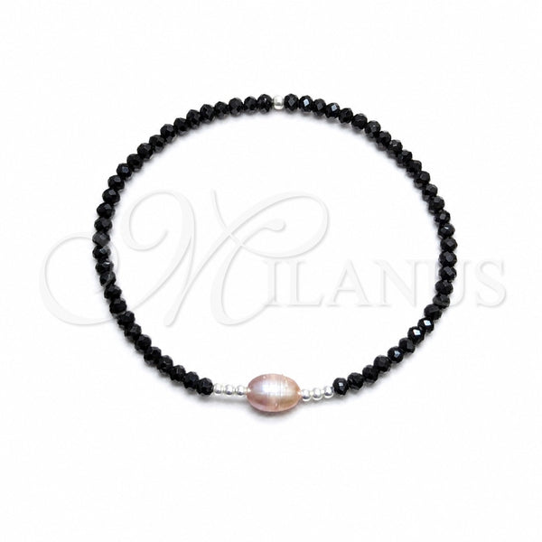 Sterling Silver Fancy Bracelet, Ball Design, with Rose Water Opal Pearl and Black Crystal, Blue Polished, Silver Finish, 03.426.0020.07 (07 MM Thickness, 7 Inches Length)