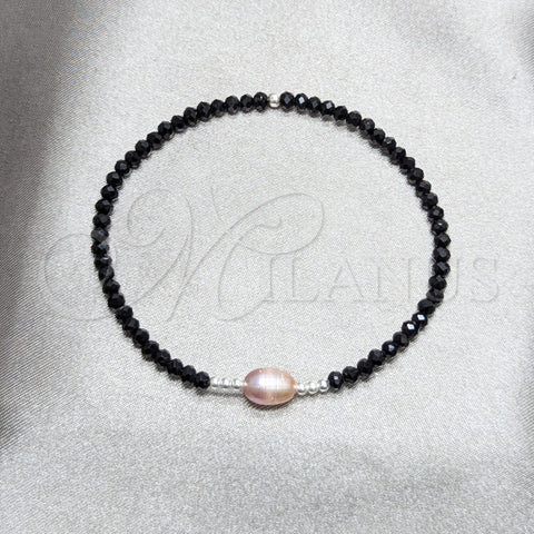 Sterling Silver Fancy Bracelet, Ball Design, with Rose Water Opal Pearl and Black Crystal, Blue Polished, Silver Finish, 03.426.0020.07 (07 MM Thickness, 7 Inches Length)