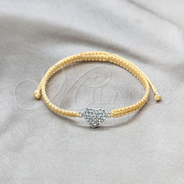 Sterling Silver Adjustable Bolo Bracelet, Ball and Heart Design, with White Crystal, Silver Finish, 03.426.0027.07