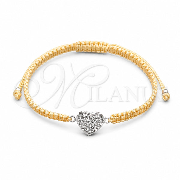 Sterling Silver Adjustable Bolo Bracelet, Ball and Heart Design, with White Crystal, Algodón, Silver Finish, 03.426.0027.07 (10 MM Thickness, 7 Inches Length)