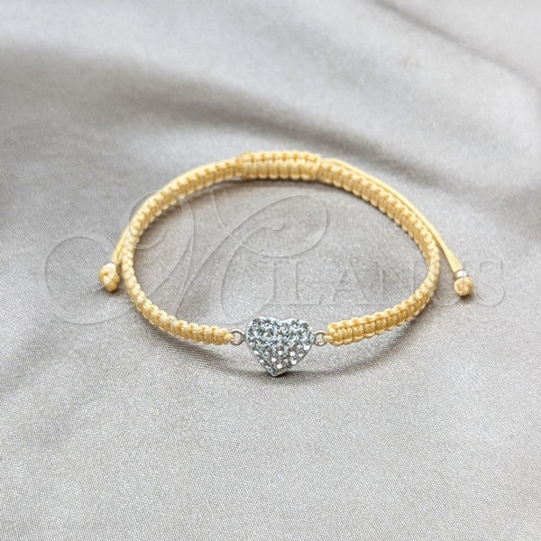 Sterling Silver Adjustable Bolo Bracelet, Ball and Heart Design, with White Crystal, Algodón, Silver Finish, 03.426.0027.07 (10 MM Thickness, 7 Inches Length)