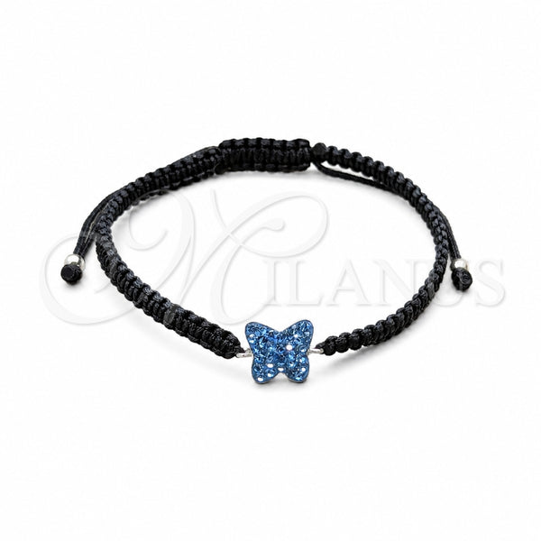 Sterling Silver Adjustable Bolo Bracelet, Ball and Butterfly Design, with Light Sapphire Crystal, Algodón, Silver Finish, 03.426.0028.07 (10 MM Thickness, 7 Inches Length)