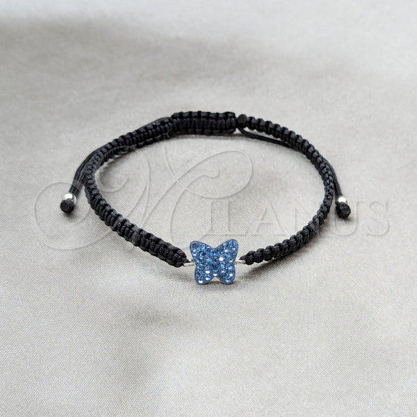 Sterling Silver Adjustable Bolo Bracelet, Ball and Butterfly Design, with Light Sapphire Crystal, Algodón, Silver Finish, 03.426.0028.07 (10 MM Thickness, 7 Inches Length)