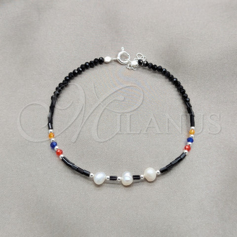 Sterling Silver Fancy Bracelet, Ball Design, with White Pearl and Multicolor Crystal, Polished, Silver Finish, 03.426.0047.07