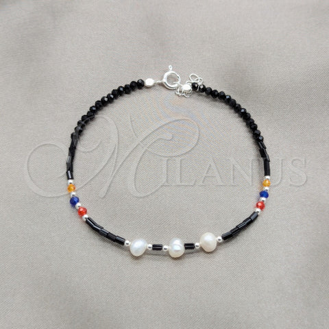 Sterling Silver Fancy Bracelet, Ball Design, with White Pearl and Multicolor Crystal, Polished, Silver Finish, 03.426.0047.07 (05 MM Thickness, 7 Inches Length)