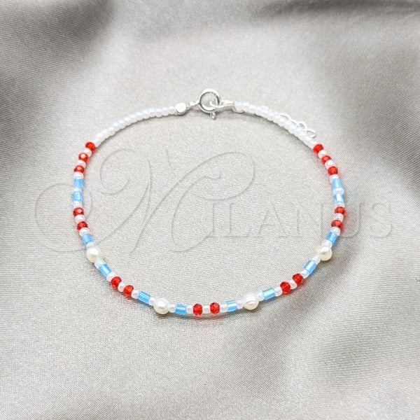 Sterling Silver Fancy Bracelet, Ball Design, with White Pearl and Orange Red Crystal, Polished, Silver Finish, 03.426.0050.07