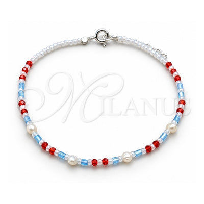 Sterling Silver Fancy Bracelet, Ball Design, with White Pearl and Orange Red Crystal, Polished, Silver Finish, 03.426.0050.07 (04 MM Thickness, 7 Inches Length)