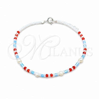Sterling Silver Fancy Bracelet, Ball Design, with White Pearl and Orange Red Crystal, Polished, Silver Finish for wholesale, main product view