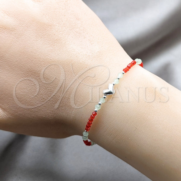 Sterling Silver Fancy Bracelet, Ball and Heart Design, with Orange Red and Aquamarine Crystal, Polished, Silver Finish, 03.426.0051.1.07 (04 MM Thickness, 7 Inches Length)