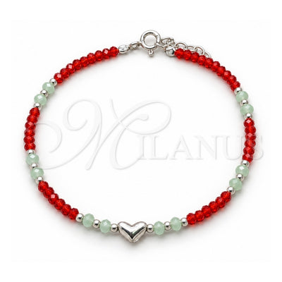 Sterling Silver Fancy Bracelet, Ball and Heart Design, with Orange Red and Aquamarine Crystal, Polished, Silver Finish, 03.426.0051.1.07 (04 MM Thickness, 7 Inches Length)