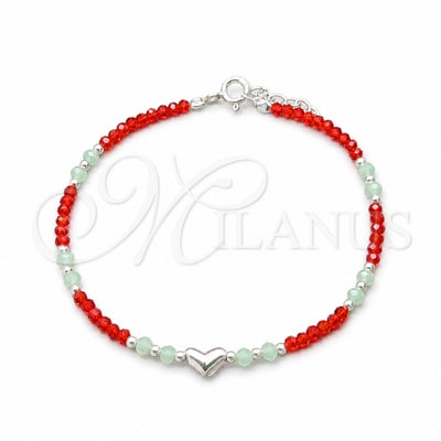 Sterling Silver Fancy Bracelet, Ball and Heart Design, with Orange Red and Aquamarine Crystal, Polished, Silver for wholesale, main product view