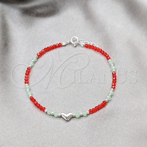 Sterling Silver Fancy Bracelet, Ball and Heart Design, with Orange Red and Aquamarine Crystal, Polished, Silver Finish, 03.426.0051.1.07 (04 MM Thickness, 7 Inches Length)