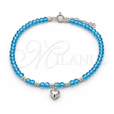 Sterling Silver Fancy Bracelet, Heart and Ball Design, with Aqua Blue Crystal, Polished, Silver Finish, 03.426.0052.07 (04 MM Thickness, 7 Inches Length)