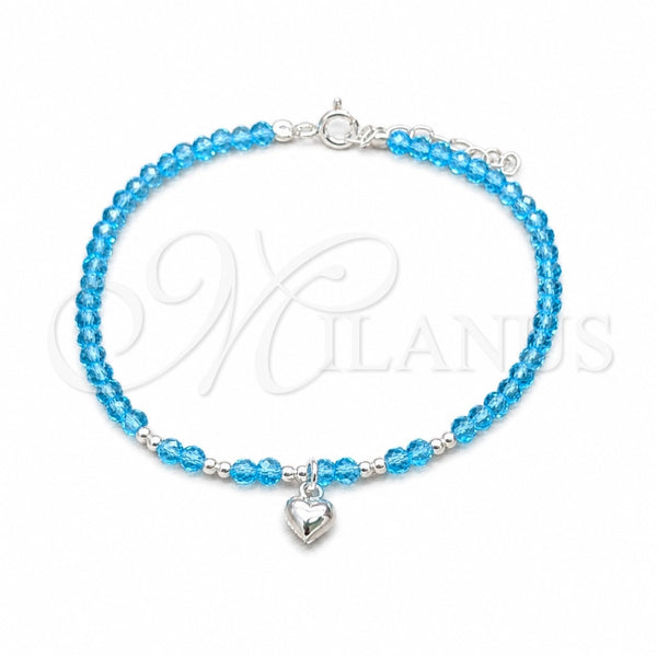 Sterling Silver Fancy Bracelet, Heart and Ball Design, with Aqua Blue Crystal, Polished, Silver Finish, 03.426.0052.07 (04 MM Thickness, 7 Inches Length)