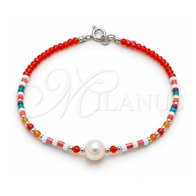 Sterling Silver Fancy Bracelet, Ball Design, with White Pearl and Orange Red Crystal, Polished, Silver Finish, 03.426.0054.07 (07 MM Thickness, 7 Inches Length)