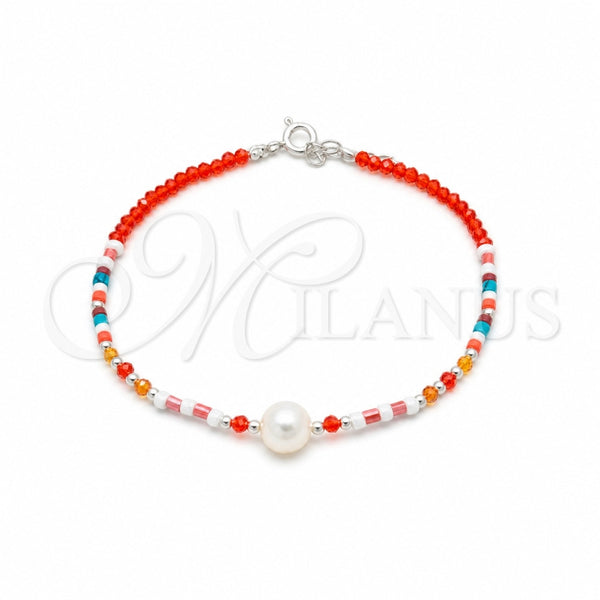 Sterling Silver Fancy Bracelet, Ball Design, with White Pearl and Orange Red Crystal, Polished, Silver Finish, 03.426.0054.07 (07 MM Thickness, 7 Inches Length)