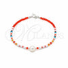 Sterling Silver Fancy Bracelet, Ball Design, with White Pearl and Orange Red Crystal, Polished, Silver Finish, 03.426.0054.07 (07 MM Thickness, 7 Inches Length)