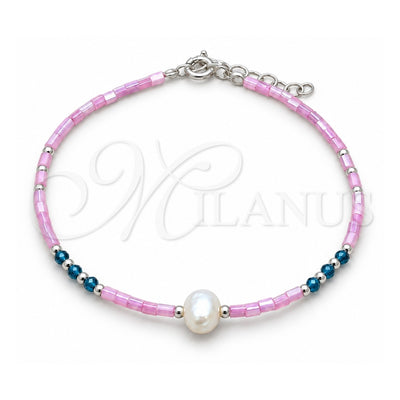 Sterling Silver Fancy Bracelet, Ball Design, with White Pearl and Blue Zircon Crystal, Polished, Silver Finish, 03.426.0055.07 (07 MM Thickness, 7 Inches Length)