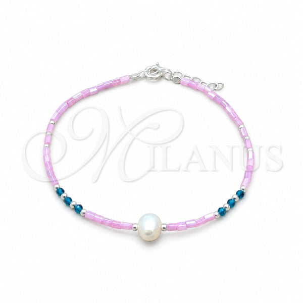 Sterling Silver Fancy Bracelet, Ball Design, with White Pearl and Blue Zircon Crystal, Polished, Silver Finish, 03.426.0055.07 (07 MM Thickness, 7 Inches Length)