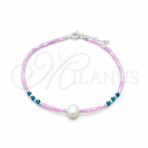 Sterling Silver Fancy Bracelet, Ball Design, with White Pearl and Blue Zircon Crystal, Polished, Silver Finish, 03.426.0055.07 (07 MM Thickness, 7 Inches Length)