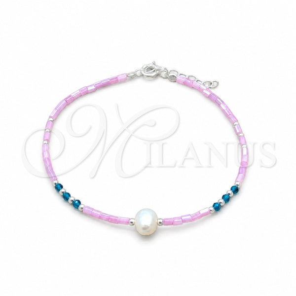 Sterling Silver Fancy Bracelet, Ball Design, with White Pearl and Blue Zircon Crystal, Polished, Silver Finish, 03.426.0055.07 (07 MM Thickness, 7 Inches Length)