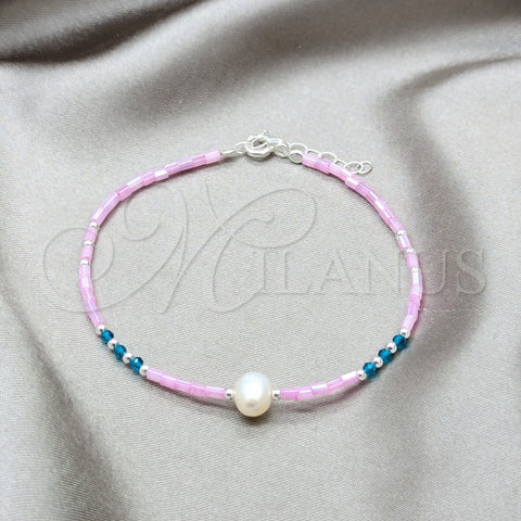Sterling Silver Fancy Bracelet, Ball Design, with White Pearl and Blue Zircon Crystal, Polished, Silver Finish, 03.426.0055.07 (07 MM Thickness, 7 Inches Length)